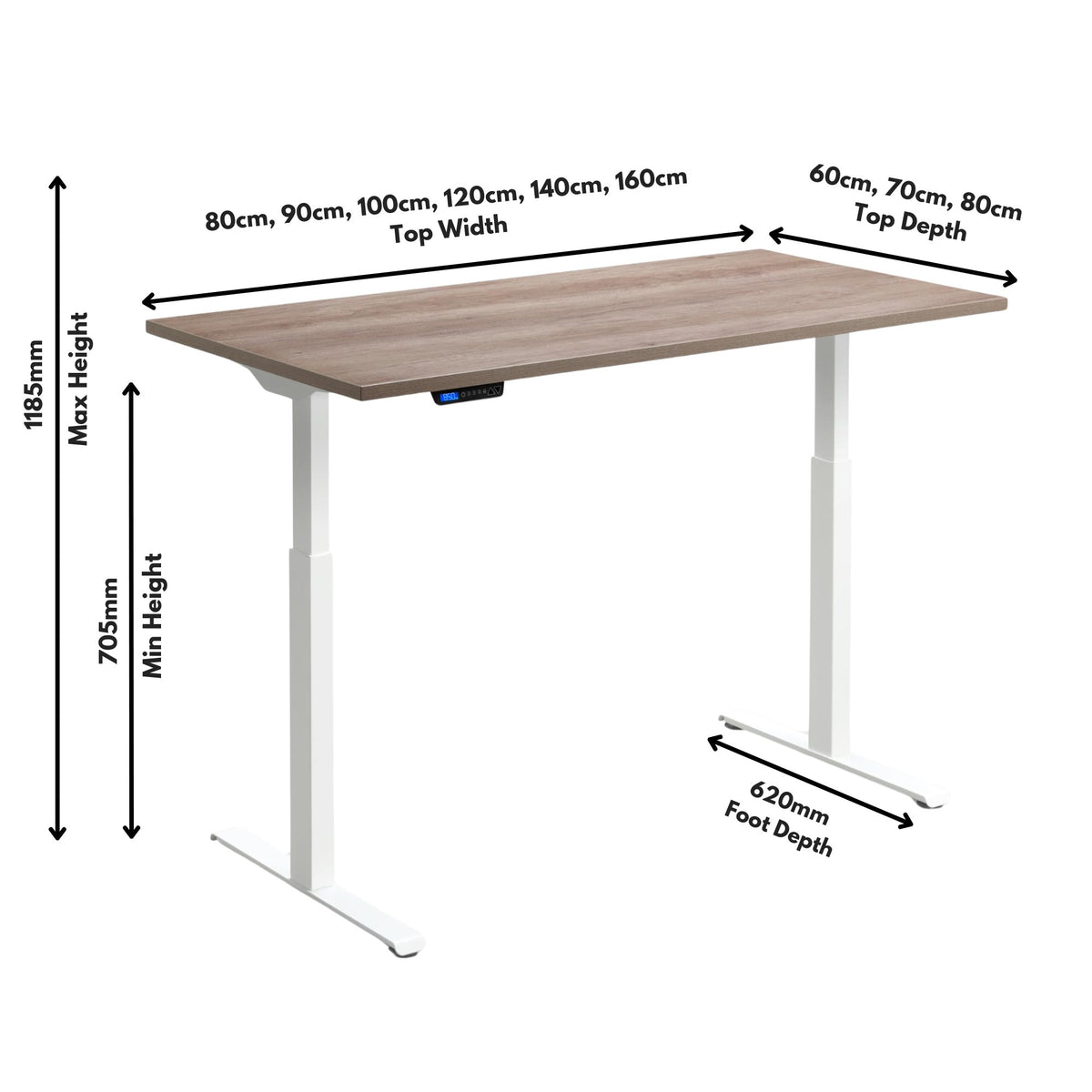 Electric Rise and Fall Desk - Rize1 - Desk Dimensions