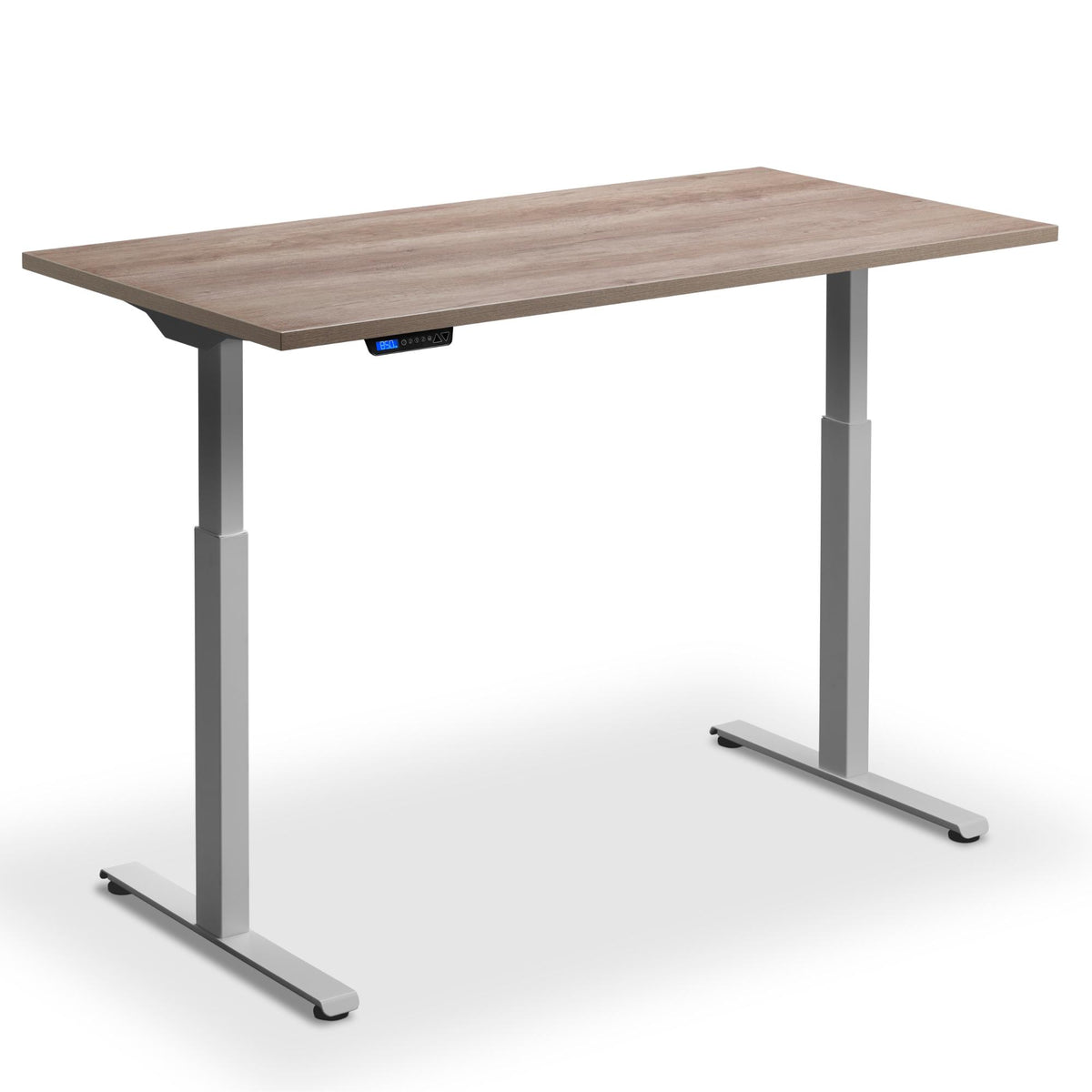 Electric Rise and Fall Desk - Rize1 - Silver Frame - Grey Nebraska Oak Top - Studio Image