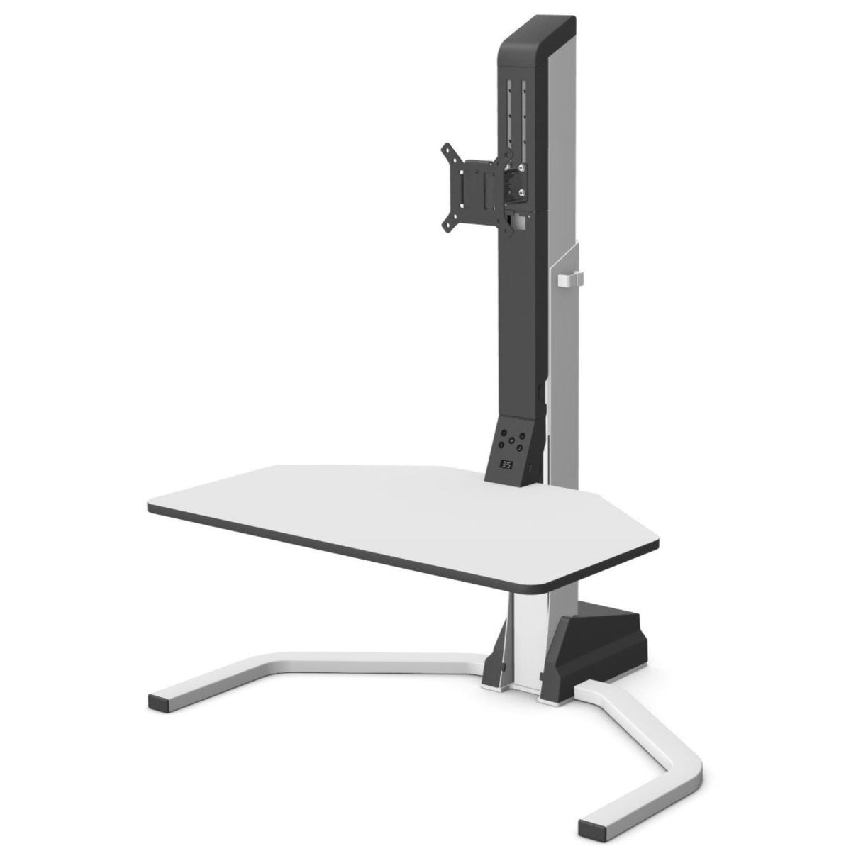 Electric adjustable desk riser in white with monitor mount, keyboard platform, and stable base for sit-stand working