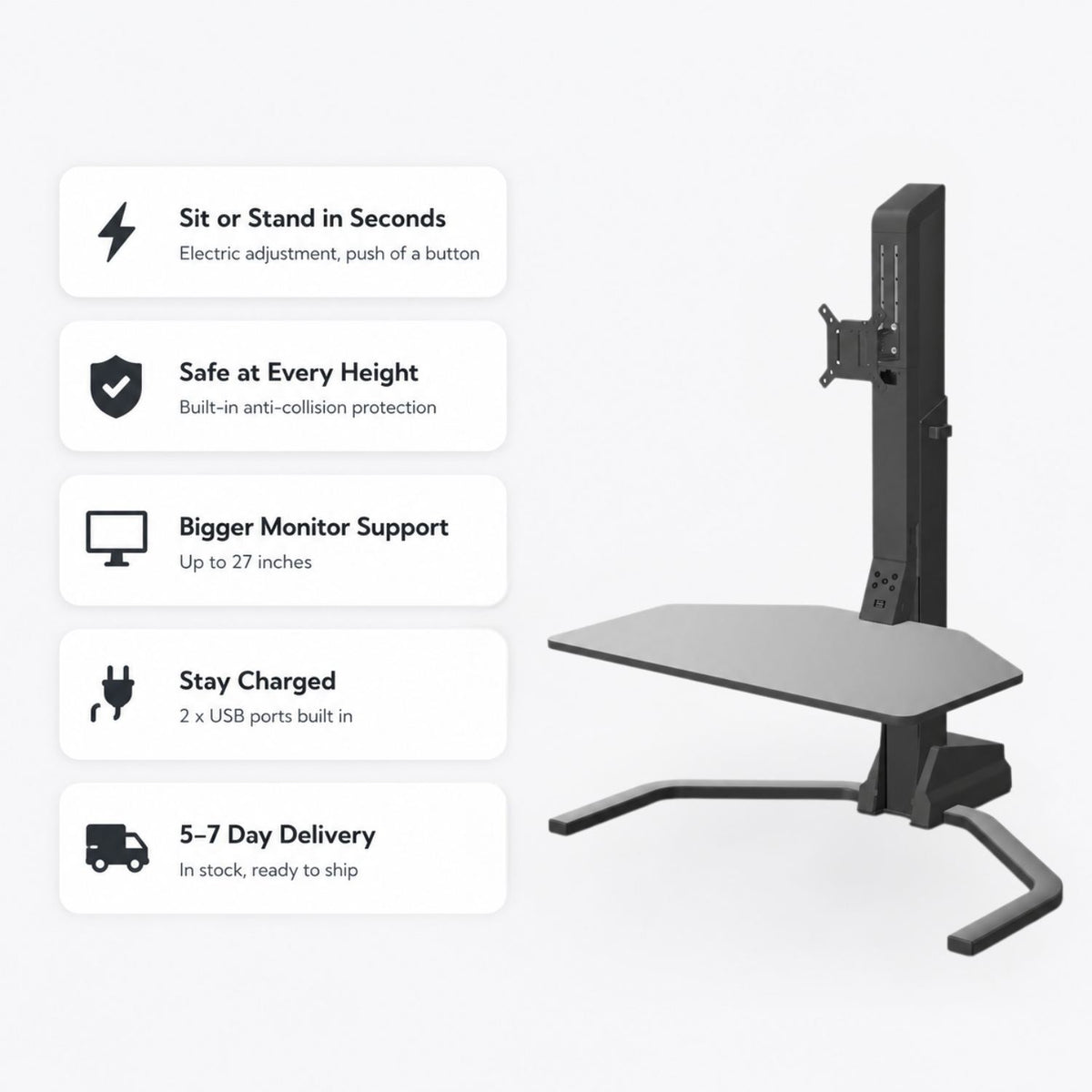 Electric adjustable desk riser with monitor mount, USB charging, anti-collision protection, and 5–7 day delivery