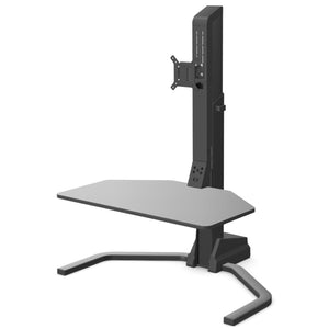 Electric desk riser in black with monitor mount, keyboard platform, and electric height adjustment