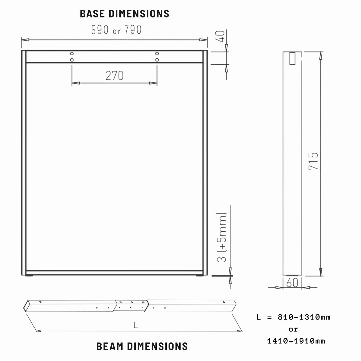 Extendable Desk Frame - Base and Beam Dimensions