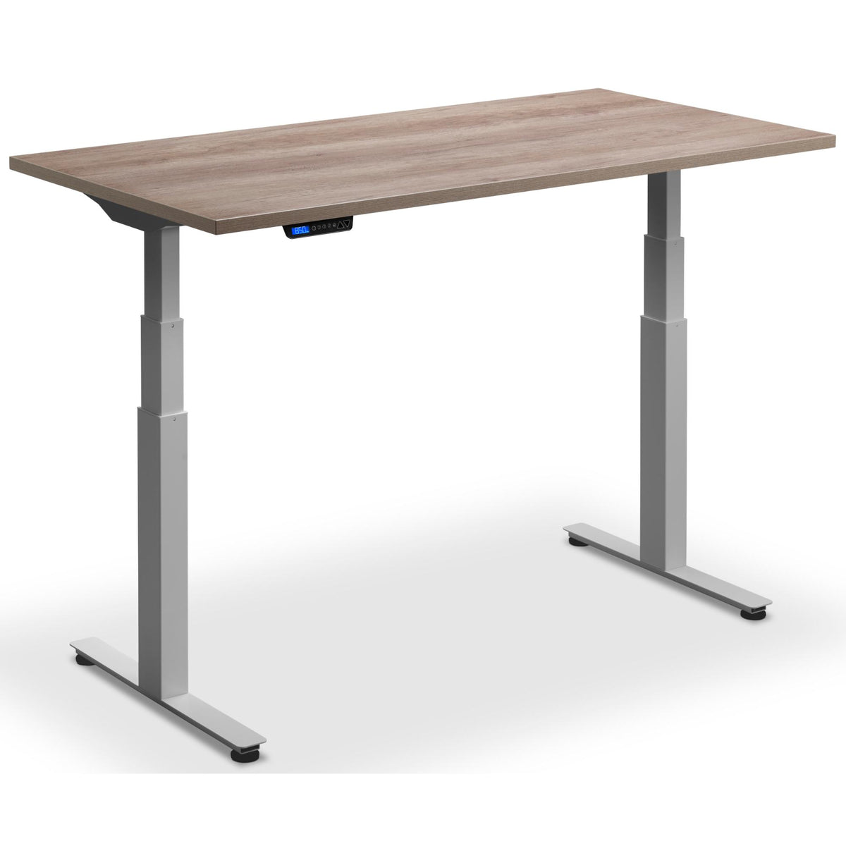 Extra Long Sit Stand Desk - Rize-XL - Silver Frame - Grey Nebraska Oak Top - Studio Image