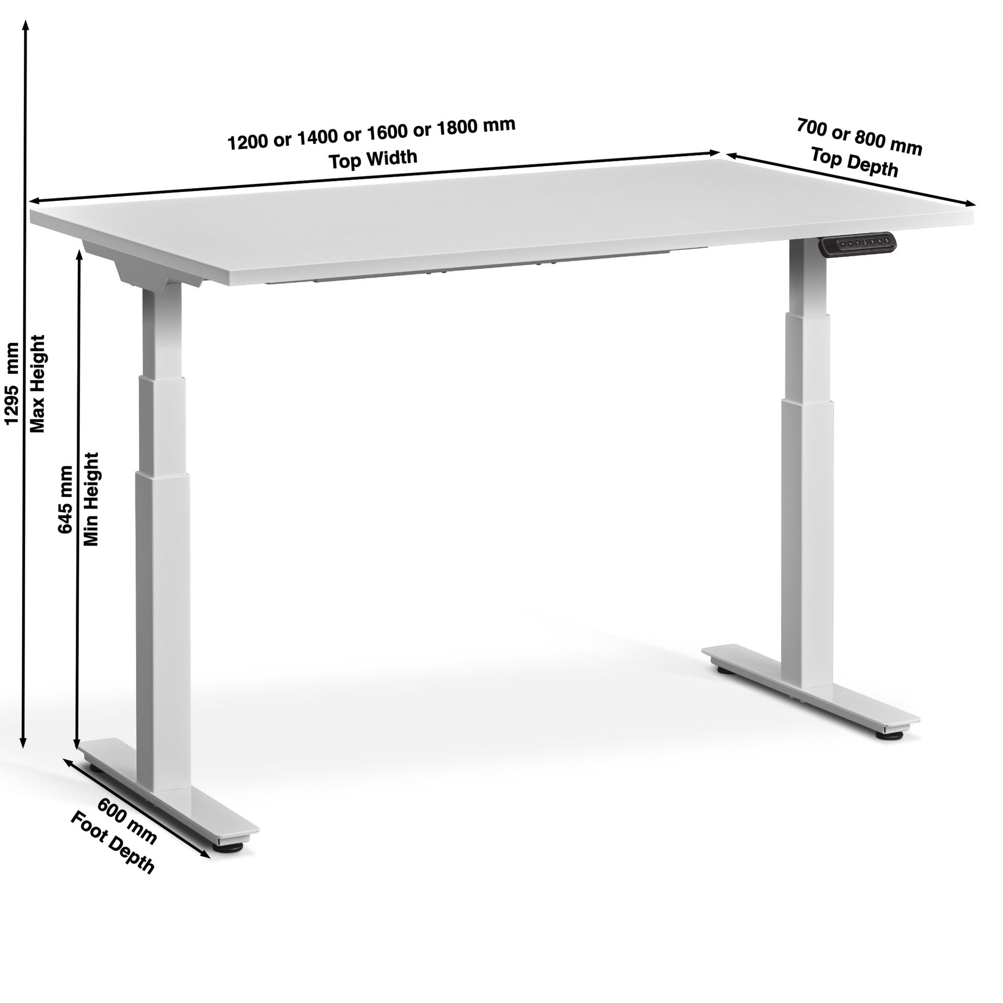 Dimensions for Rize2 electric adjustable desk