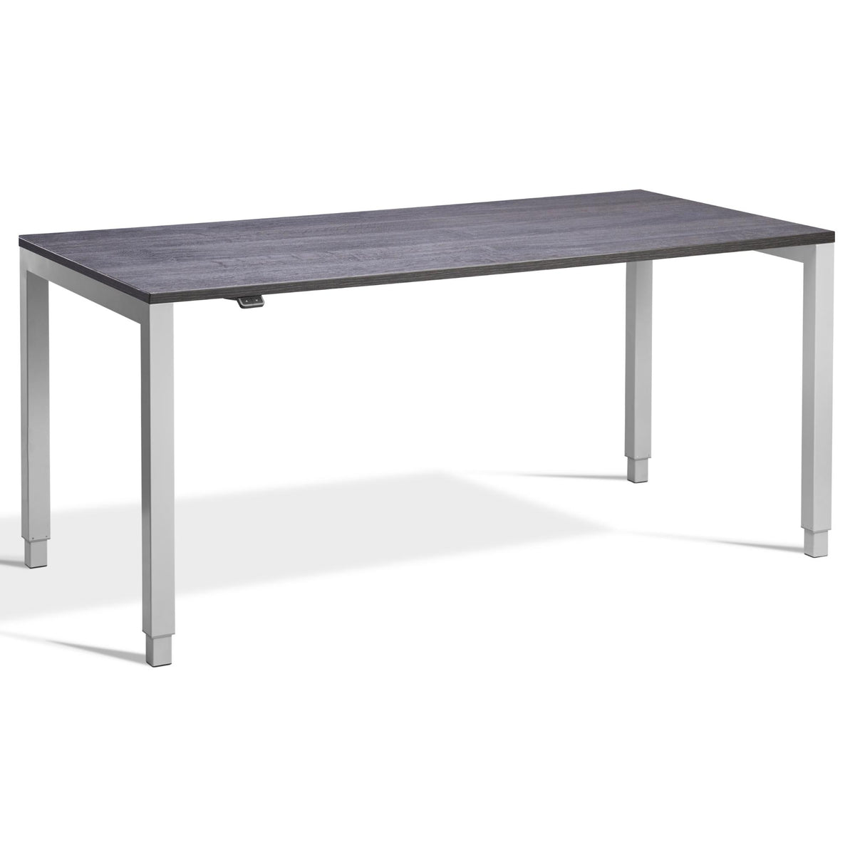 Four Leg Standing Desk - Rega - Silver Frame - Anthracite Sherman Oak Top - Studio Image