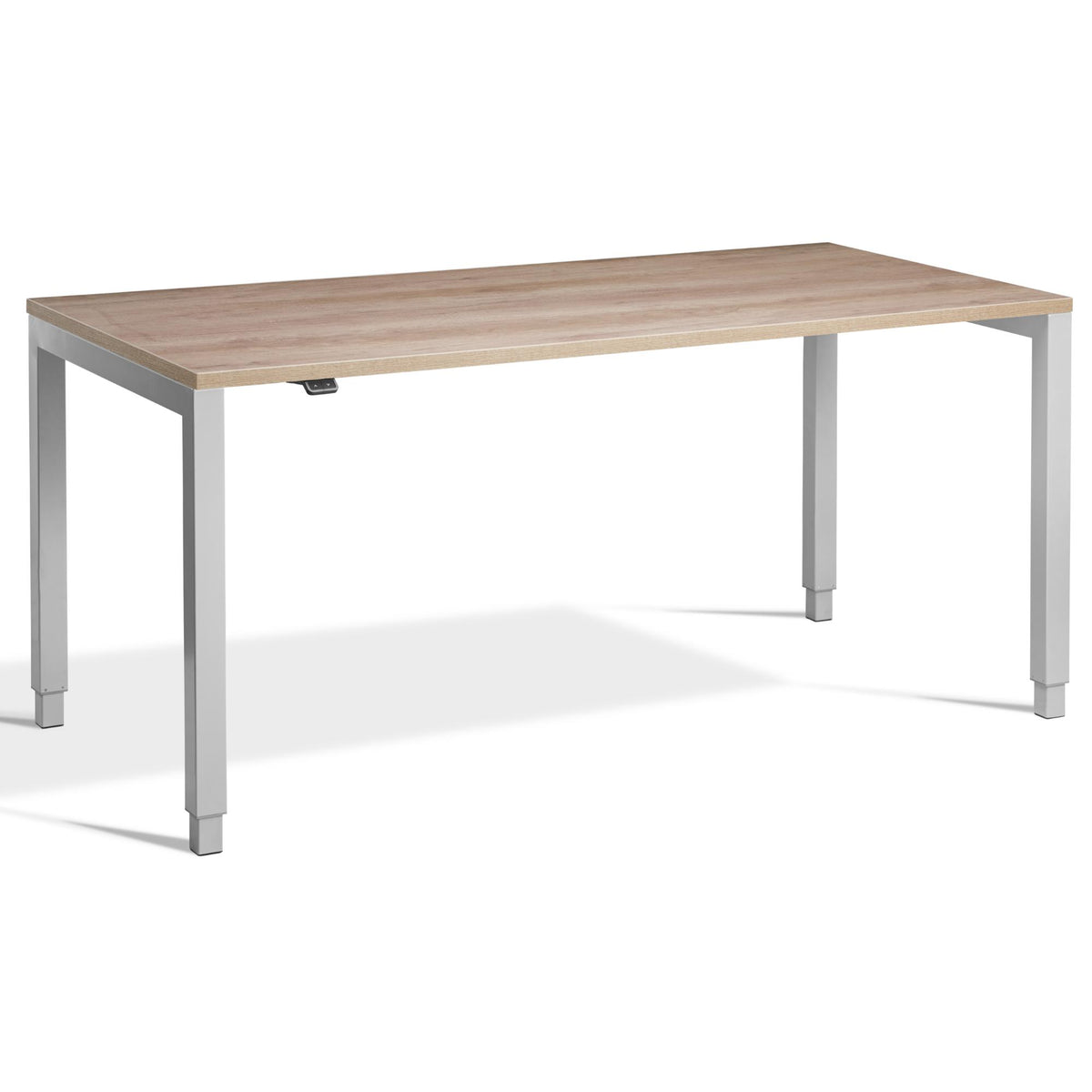 Four Leg Standing Desk - Rega - Silver Frame - Grey Nebraska Oak Top - Studio Image