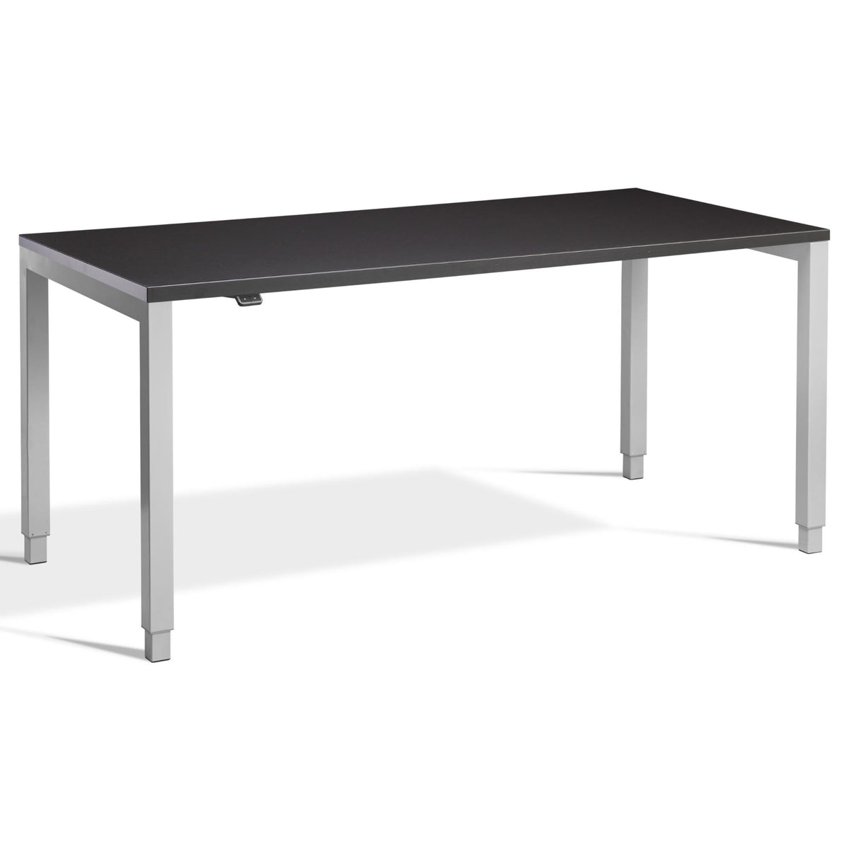 Four Leg Standing Desk - Rega - Silver Frame - Soft Black Top - Studio Image