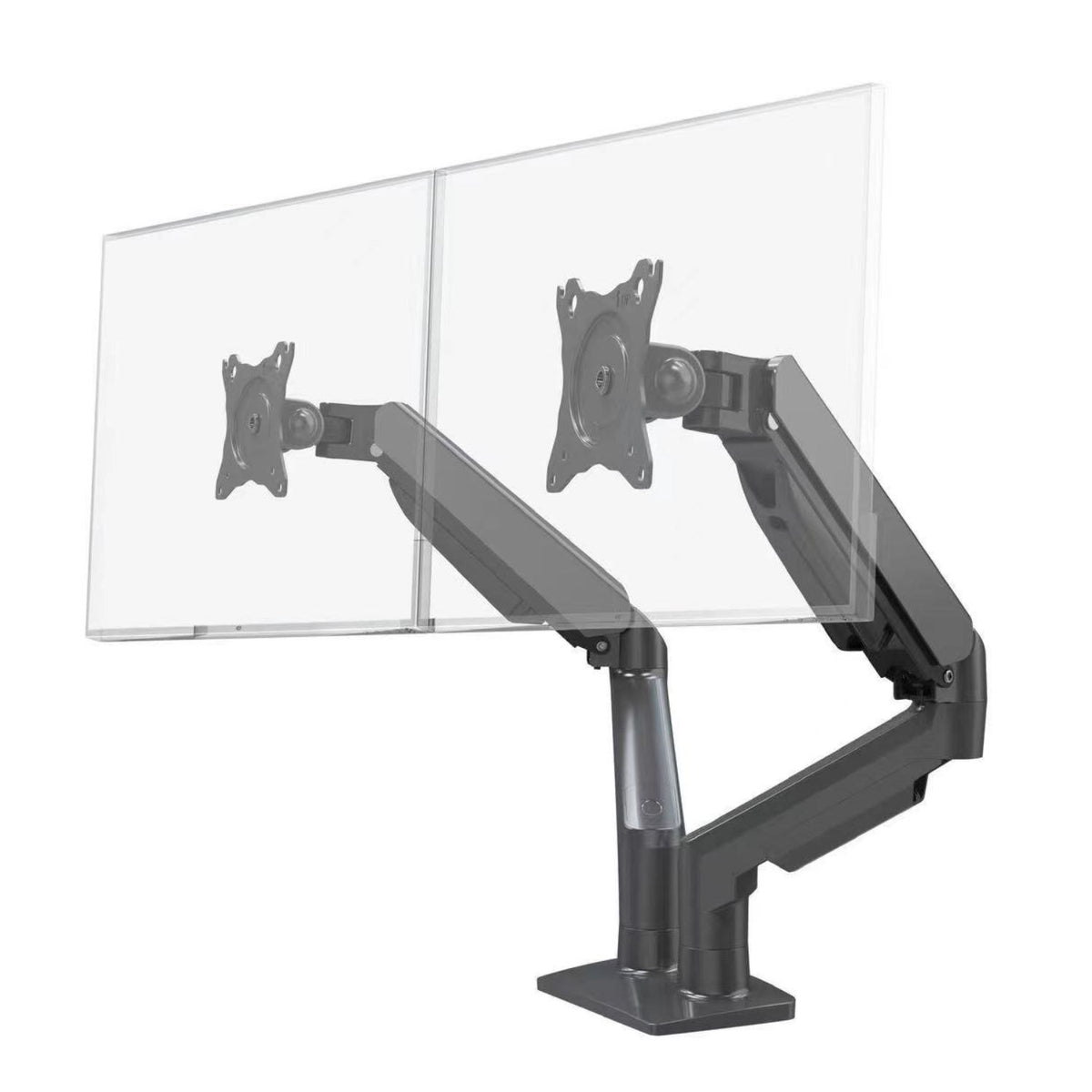 Gas spring dual monitor arm in black supporting two screens with independently adjustable arms