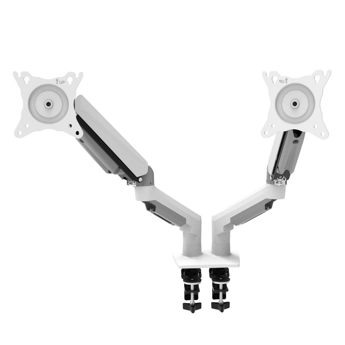 Gas spring dual monitor arm in white with two adjustable VESA mounting plates and clamp mounts