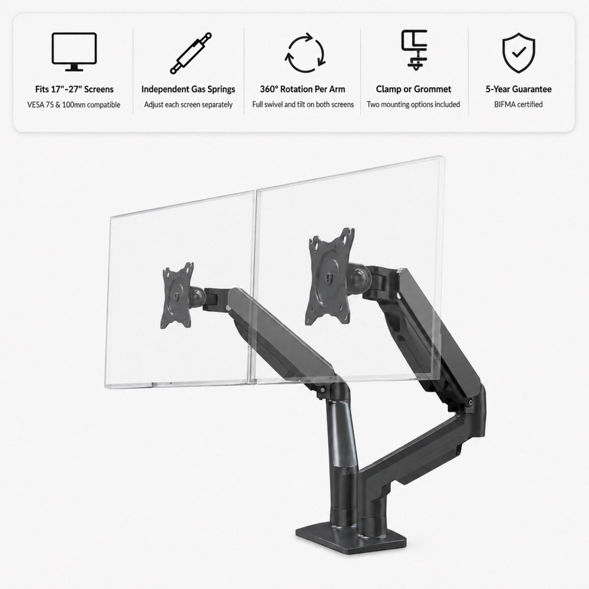Gas spring dual monitor arm showing screen compatibility, independent gas springs, 360 degree rotation and mounting options