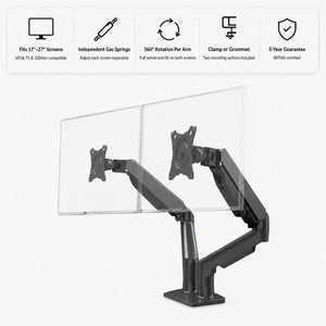 Gas spring dual monitor arm showing screen compatibility, independent gas springs, 360 degree rotation and mounting options