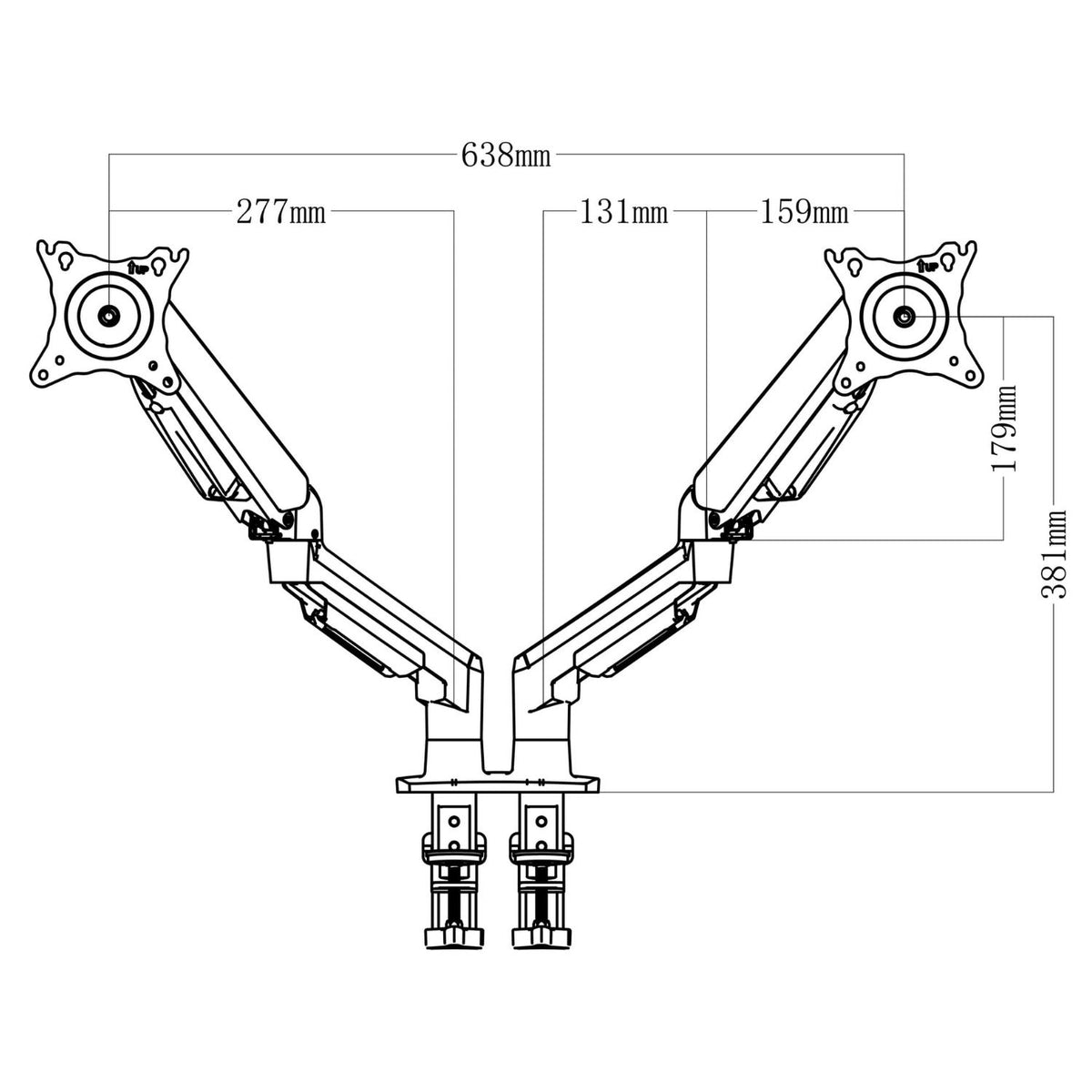 Gas spring dual monitor arm technical drawing showing width, height and arm dimensions