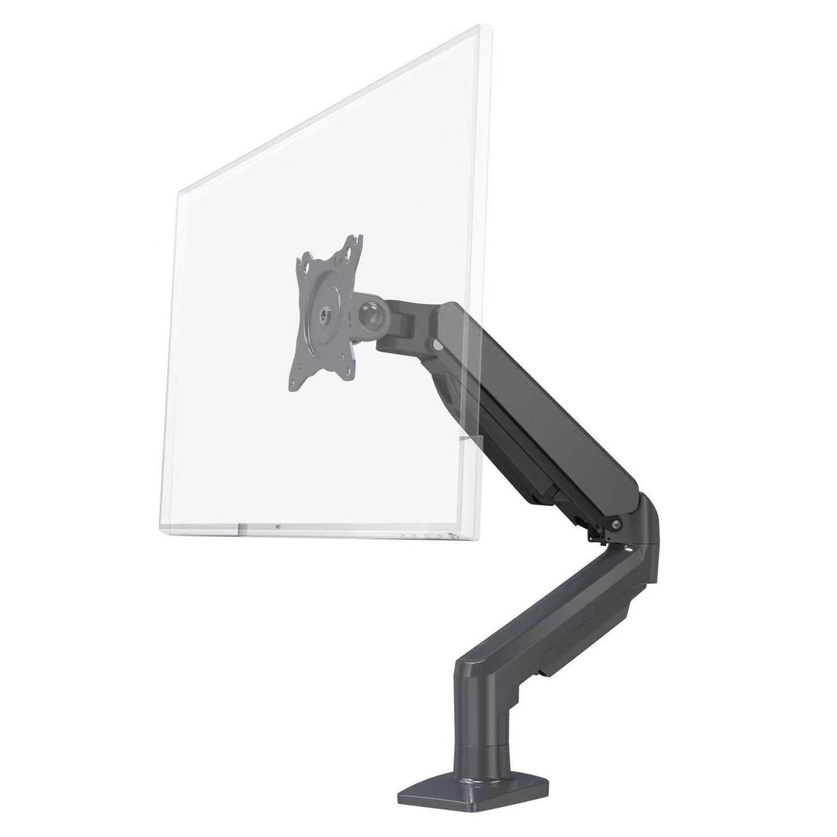 Gas spring single monitor arm in black supporting a monitor