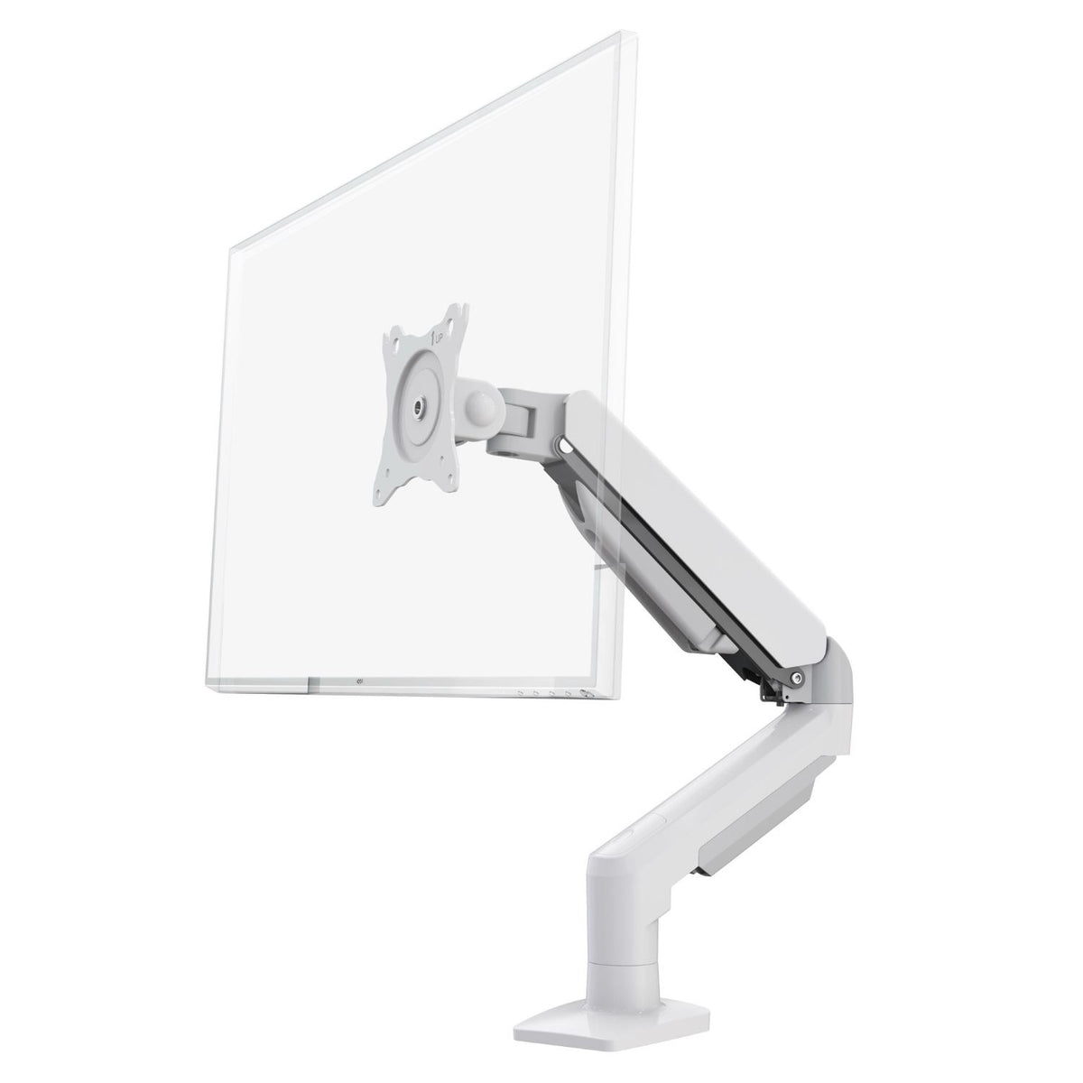 Gas spring single monitor arm in white supporting a monitor