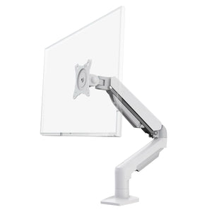 Gas spring single monitor arm in white supporting a monitor