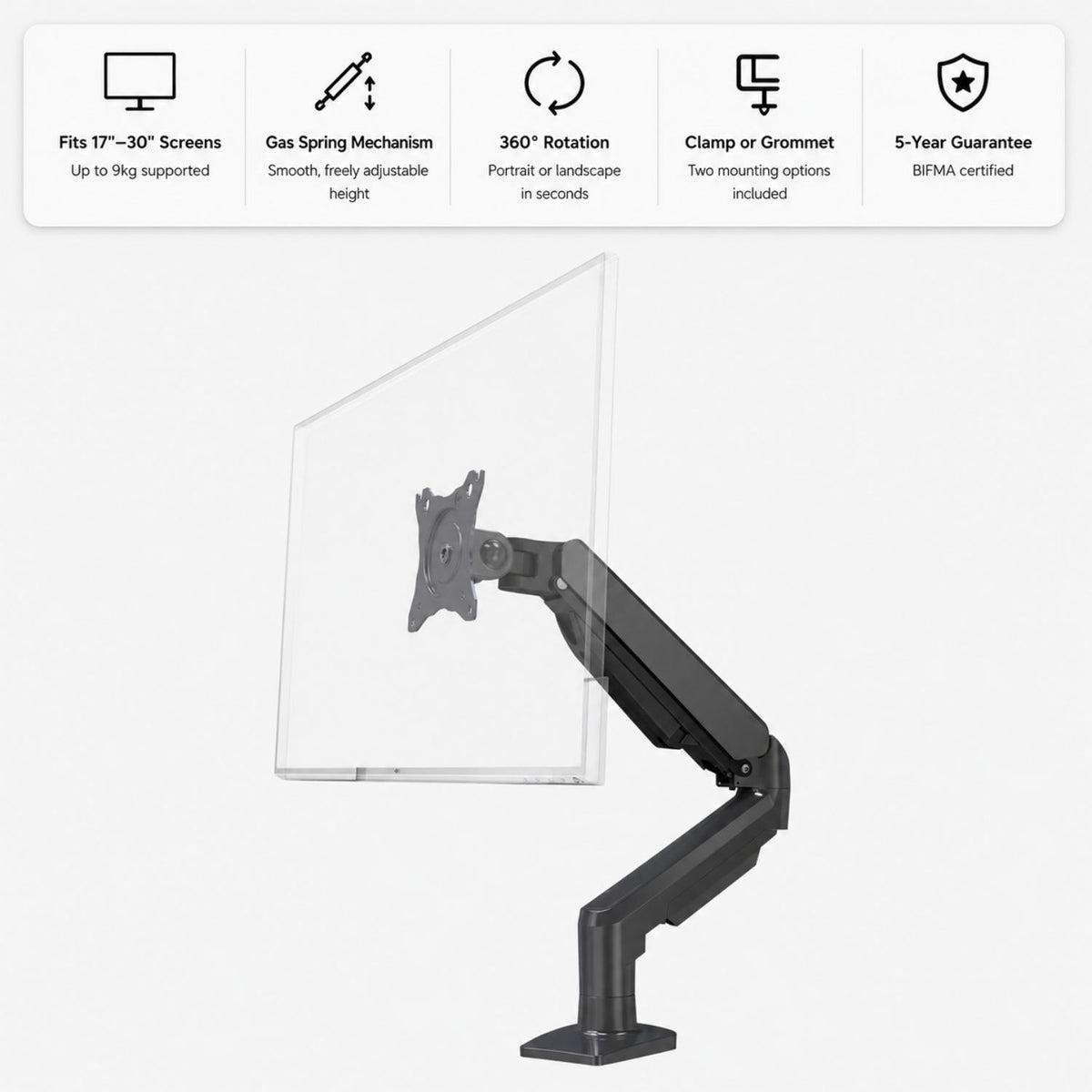 Gas spring single monitor arm showing screen size support, 360 degree rotation, mounting options and guarantee features