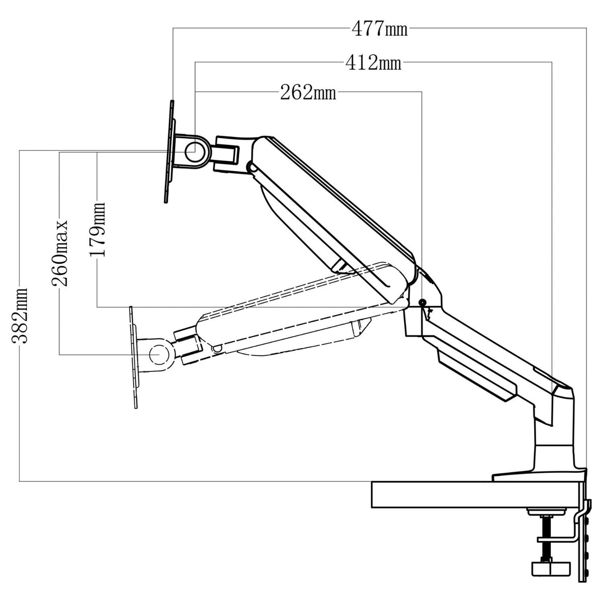 Gas spring single monitor arm side view with reach and height dimensions