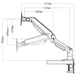 Gas spring single monitor arm side view with reach and height dimensions