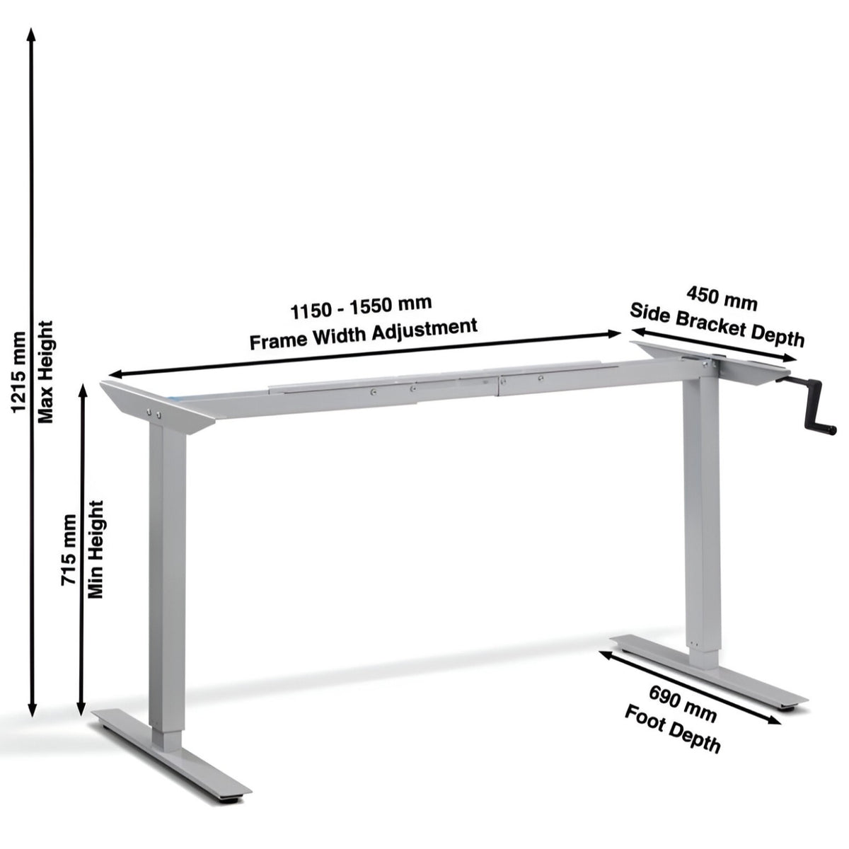Hand Crank Standing Desk Frame - Helix Desk - Dimensions