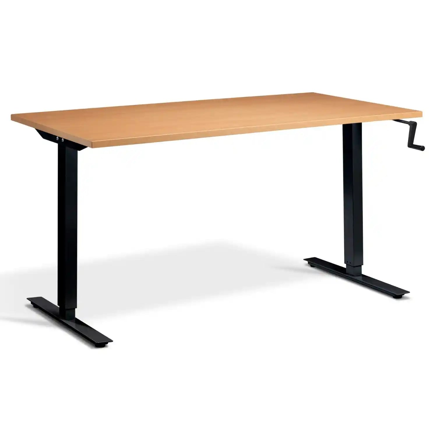 Hand crank desk with a beech desk top, black frame and manual height adjustment handle