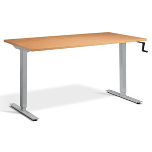 Hand crank desk with a beech desk top, silver frame and manual height adjustment handle