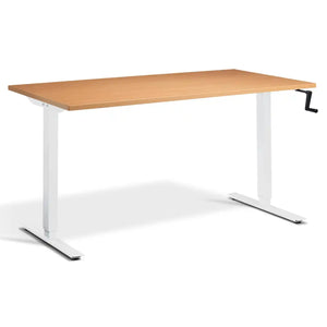 Hand crank desk with a beech desk top, white frame and manual height adjustment handle