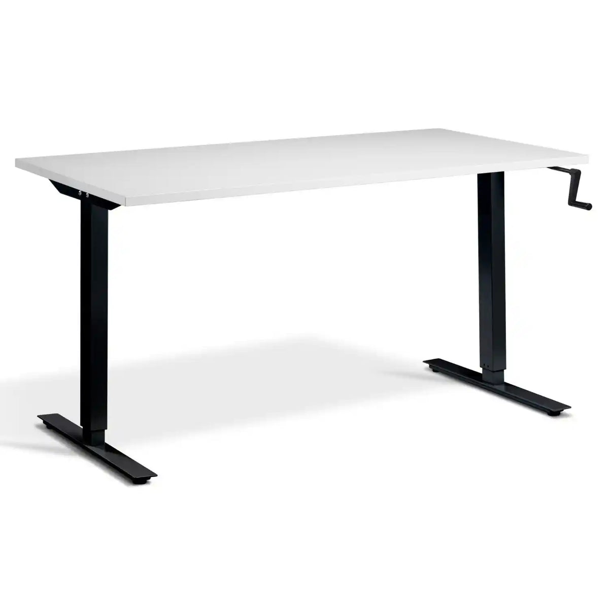 Hand crank desk with a grey desk top, black frame and side-mounted adjustment handle