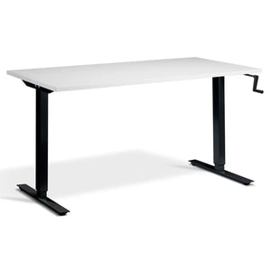 Hand crank desk with a grey desk top, black frame and side-mounted adjustment handle
