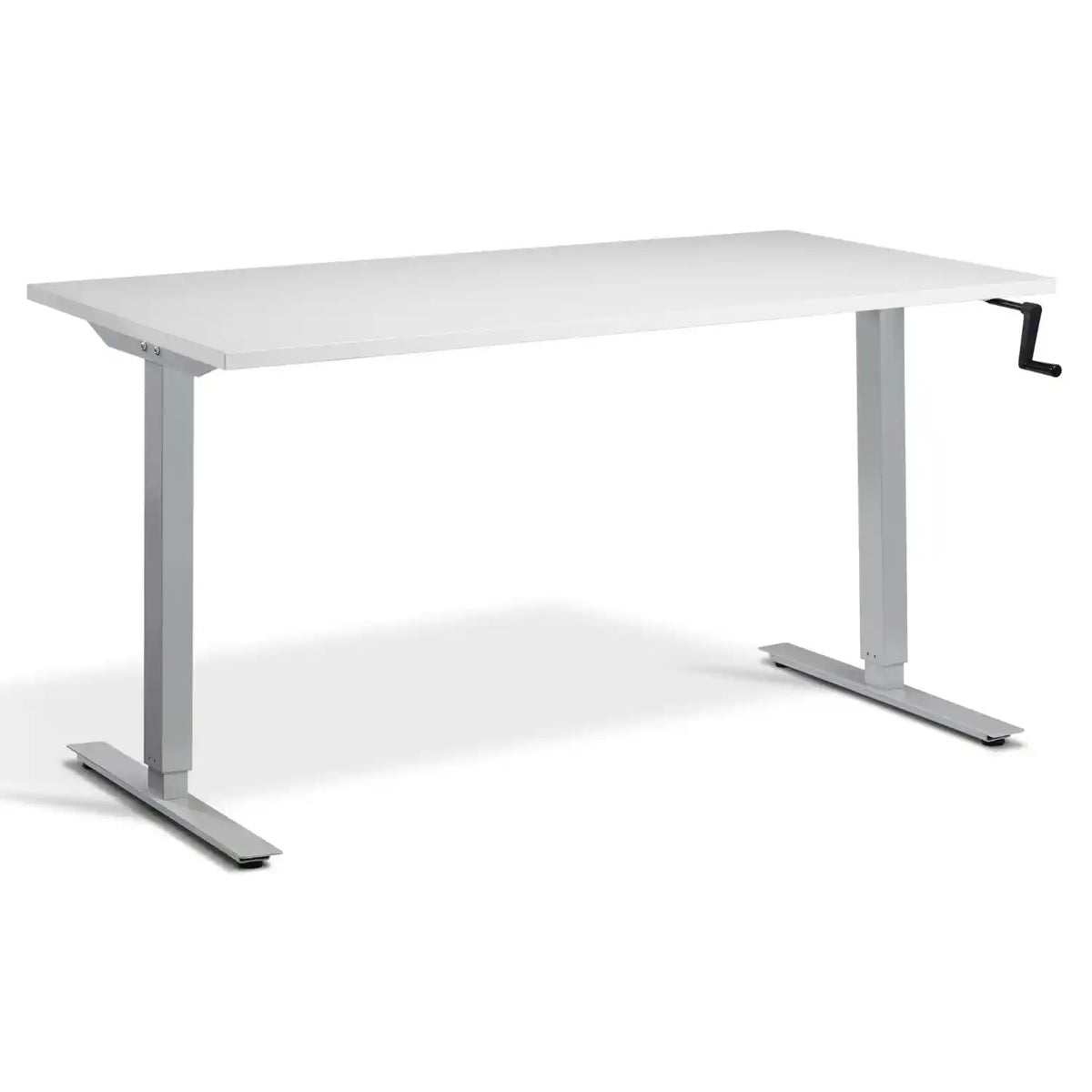 Hand crank desk with a grey desk top, silver frame and side-mounted adjustment handle