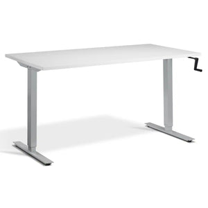Hand crank desk with a grey desk top, silver frame and side-mounted adjustment handle