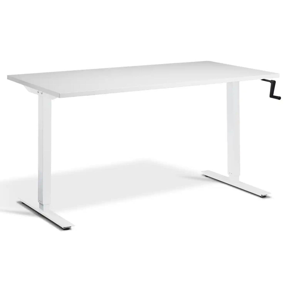 Hand crank desk with a grey desk top, white frame and side-mounted adjustment handle