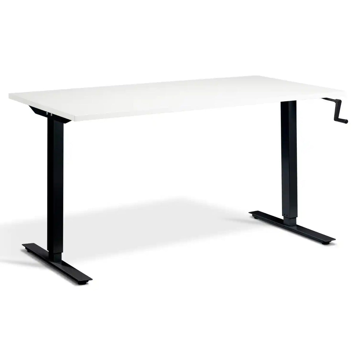 Hand crank desk with a white desk top, black frame and side-mounted manual height adjustment handle