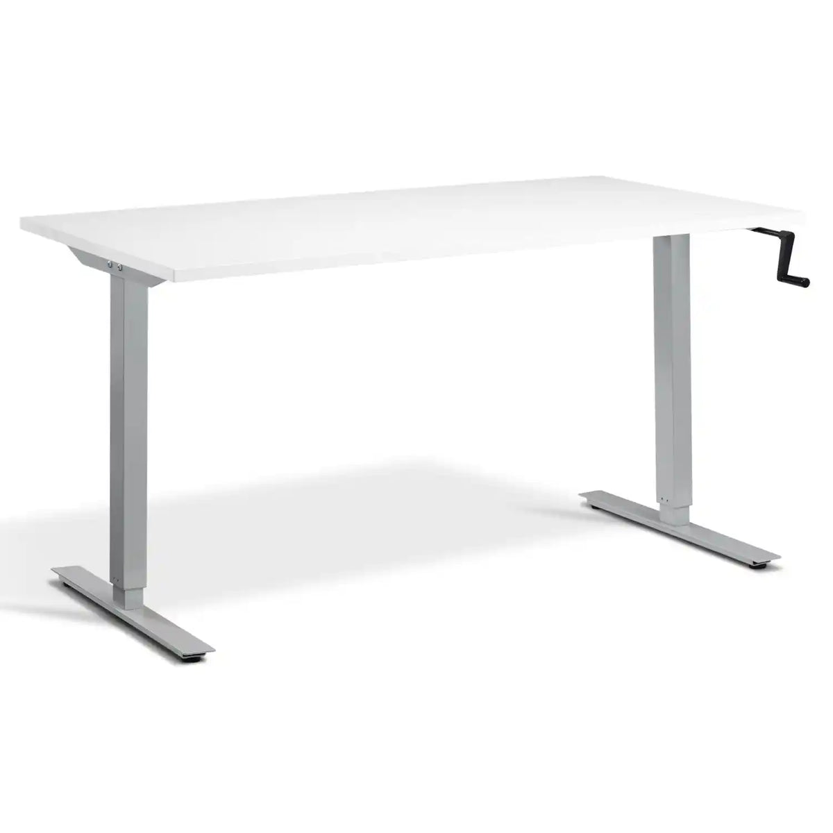 Hand crank desk with a white desk top, silver frame and side-mounted manual height adjustment handle