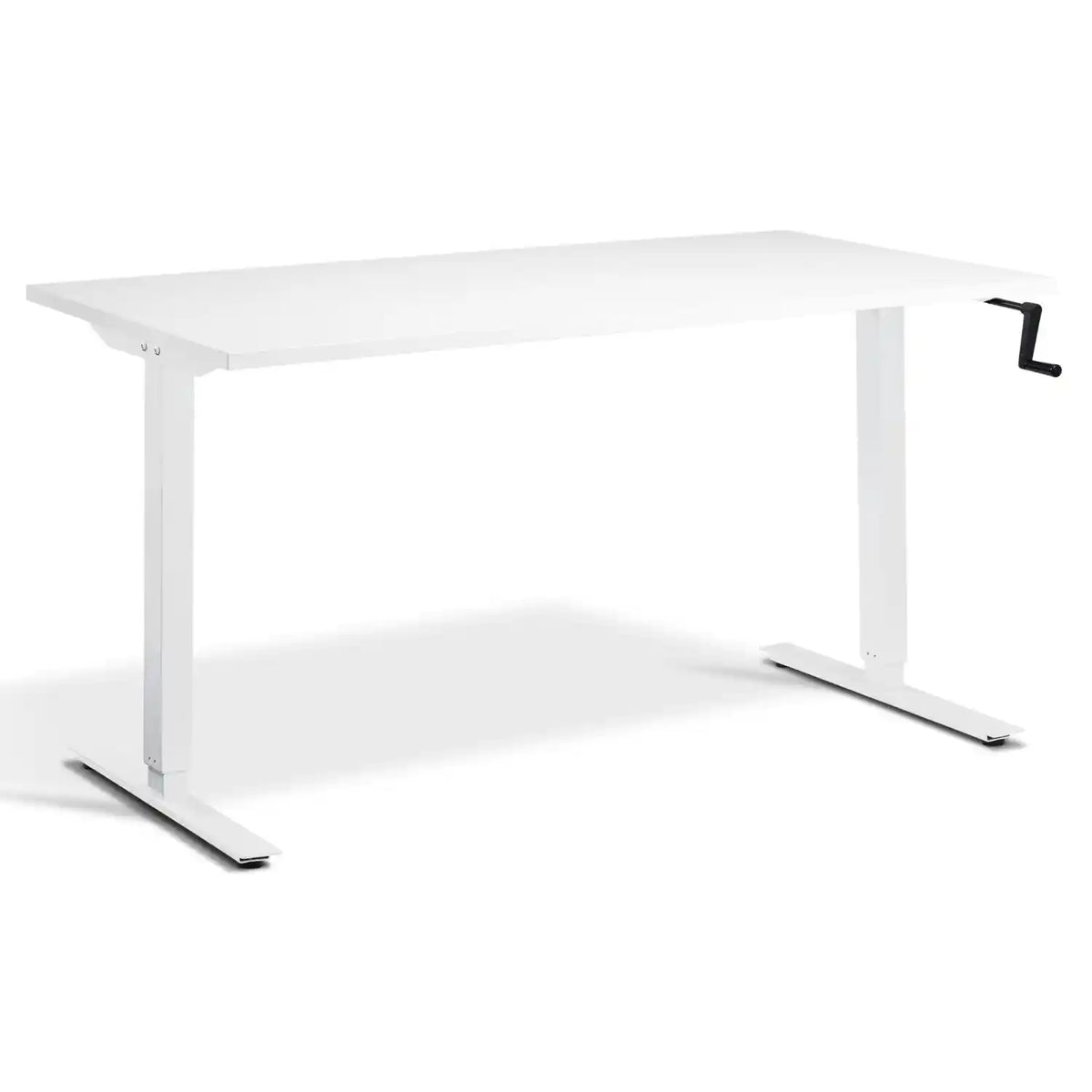Hand crank desk with a white desk top, white frame and side-mounted manual height adjustment handle