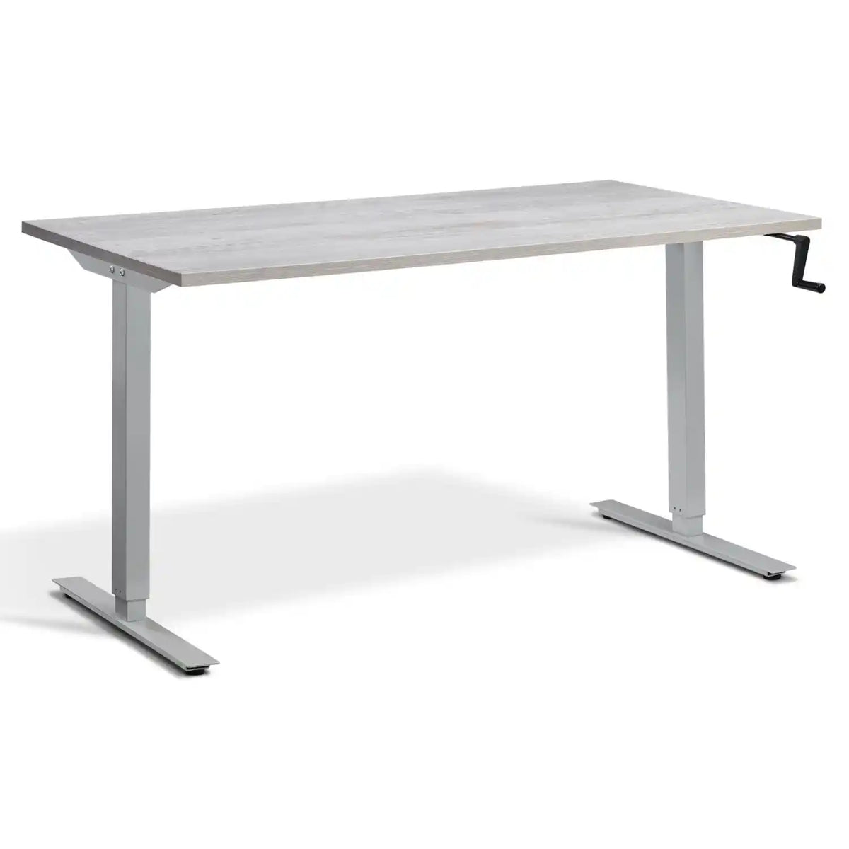 Hand crank sit stand desk with a Cascina pine desk top, silver frame and manual adjustment handle