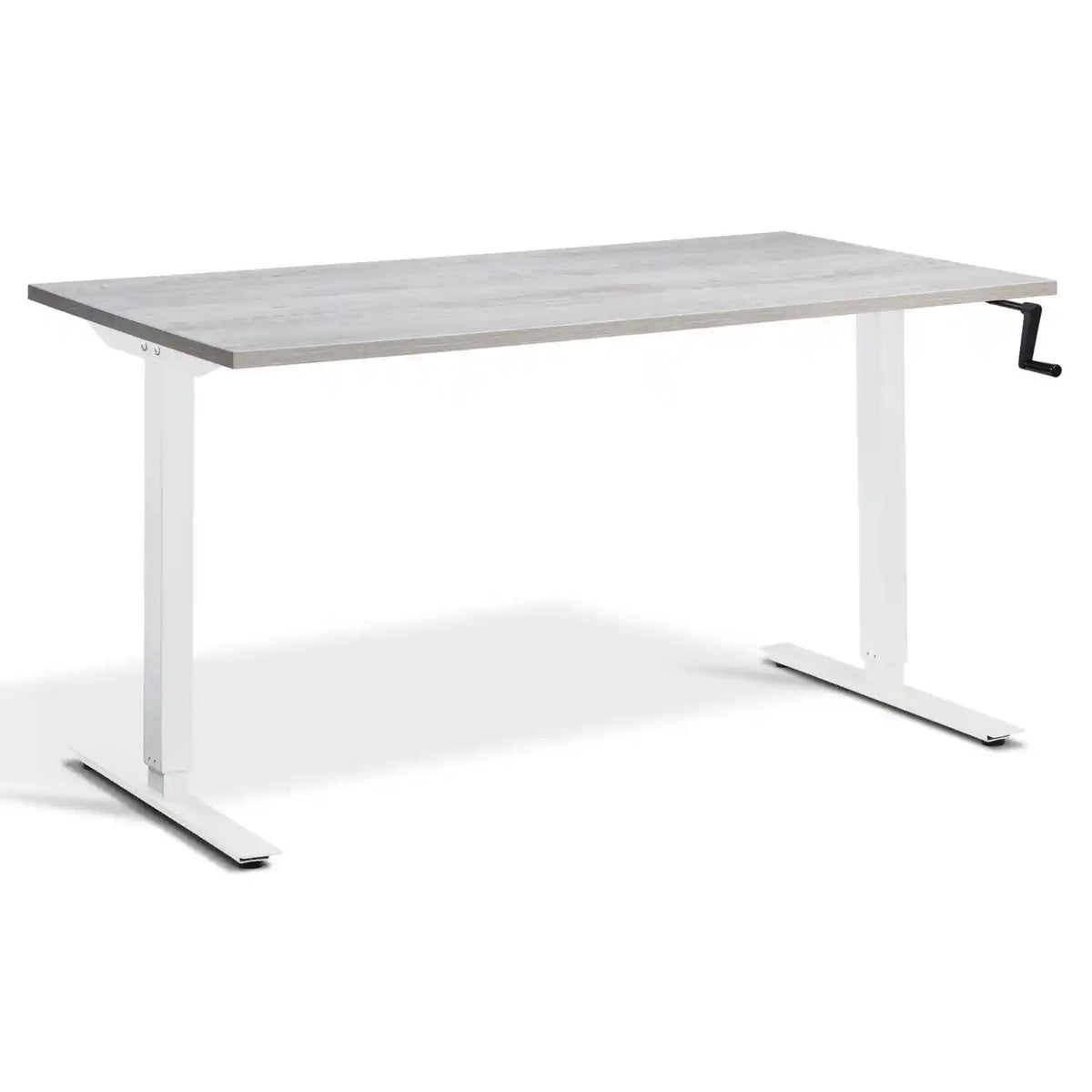 Hand crank sit stand desk with a Cascina pine desk top, white frame and manual adjustment handle