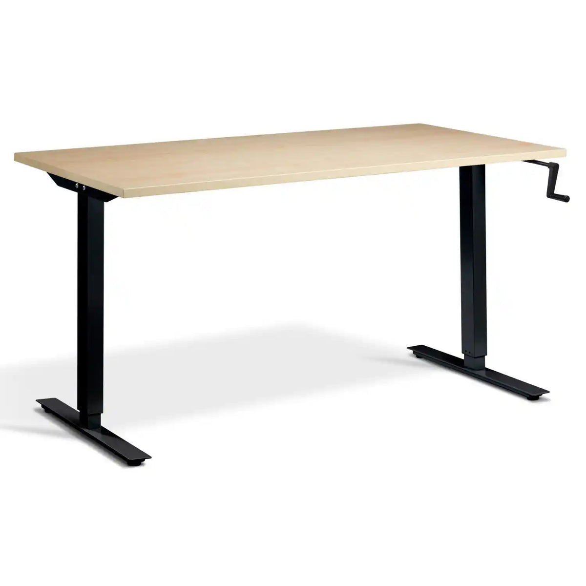 Hand crank sit stand desk with a maple desk top, black frame and manual height adjustment handle