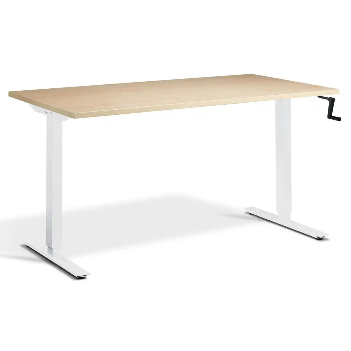Hand crank sit stand desk with a maple desk top, white frame and manual height adjustment handle