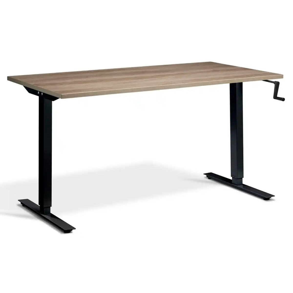 Hand crank standing desk with a grey Nebraska oak desk top, black frame and manual height adjustment
