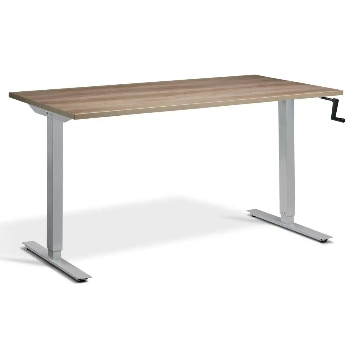 Hand crank standing desk with a grey Nebraska oak desk top, silver frame and manual height adjustment