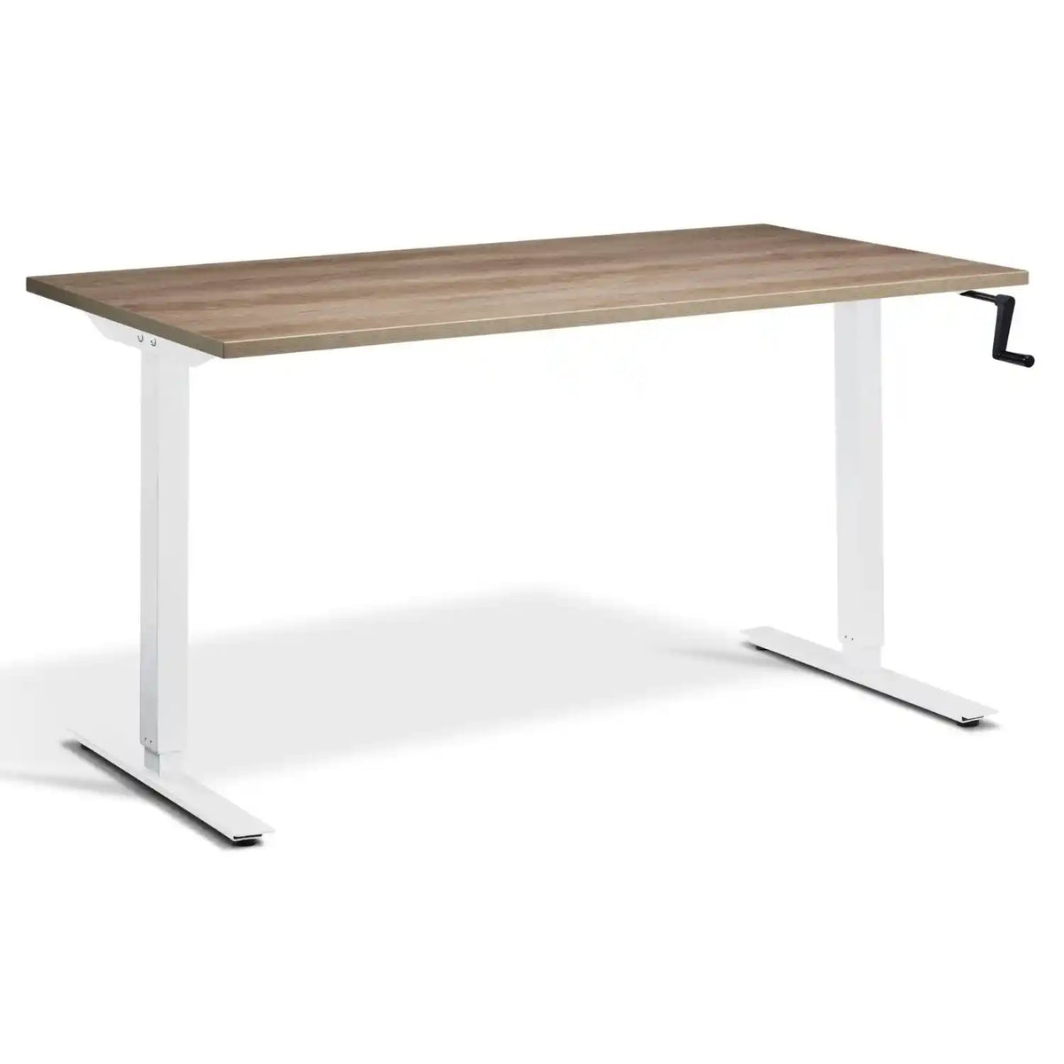 Hand crank standing desk with a grey Nebraska oak desk top, white frame and manual height adjustment
