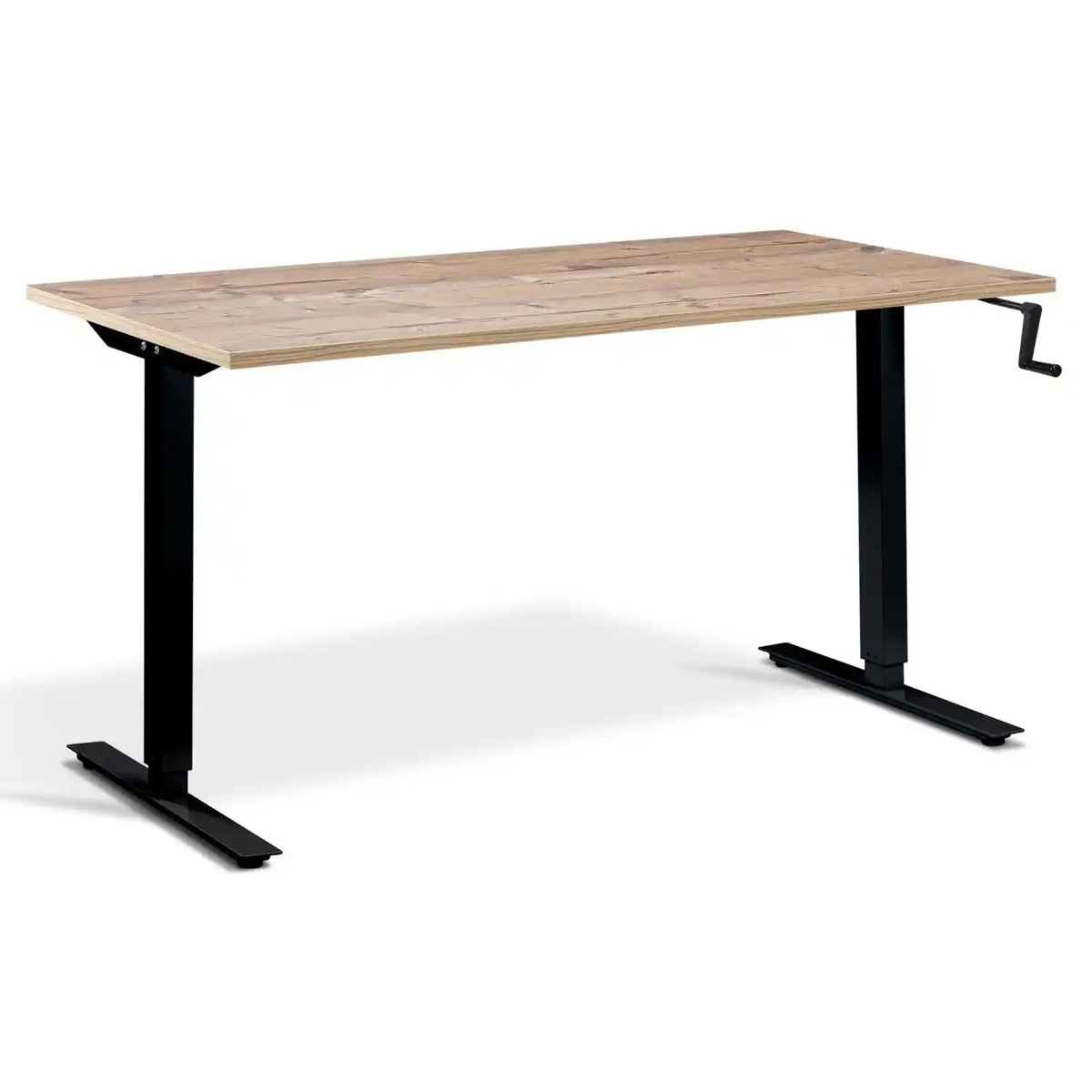 Hand crank standing desk with a timber desk top, black frame and manual adjustment handle