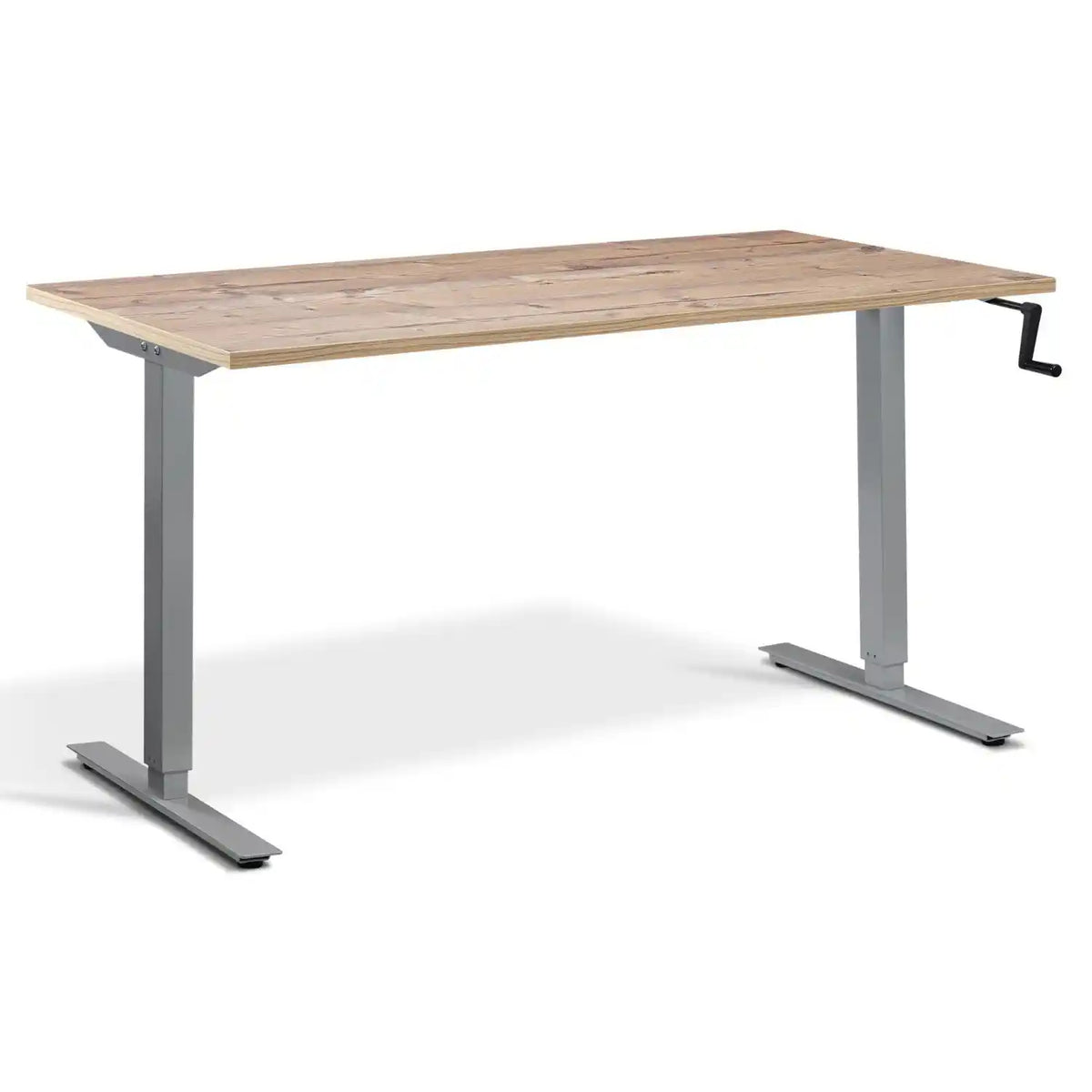 Hand crank standing desk with a timber desk top, silver frame and manual adjustment handle