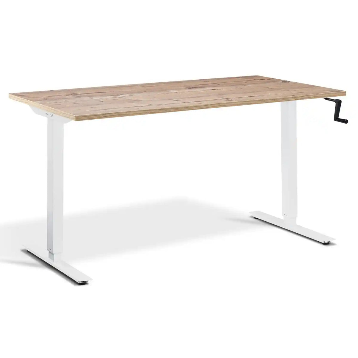 Hand crank standing desk with a timber desk top, white frame and manual adjustment handle
