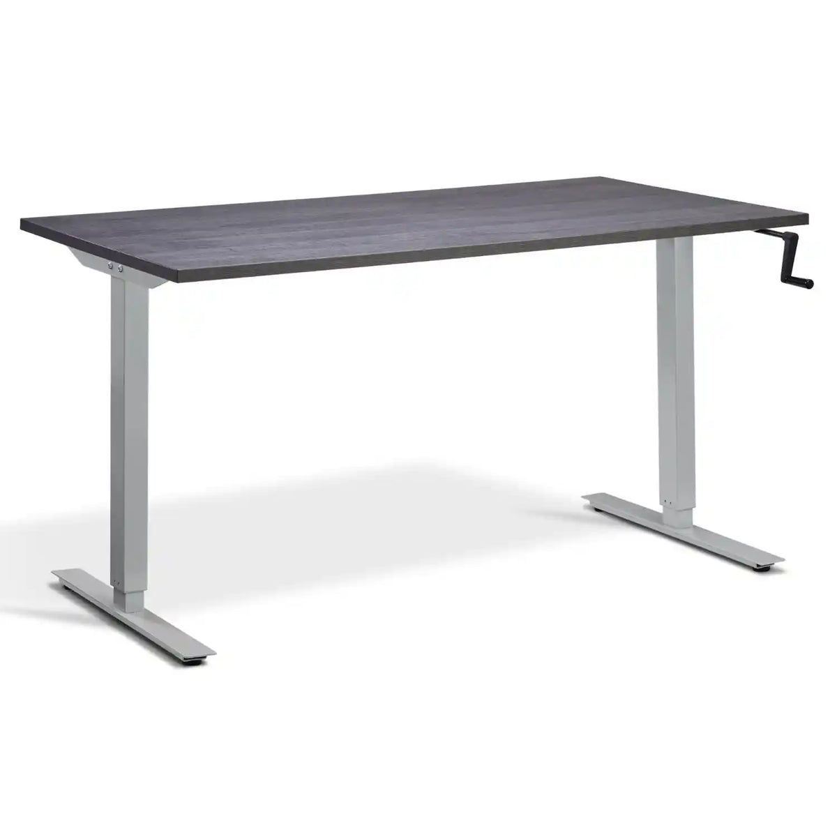 Hand crank standing desk with an anthracite Sherman oak desk top, silver frame and manual height adjustment handle