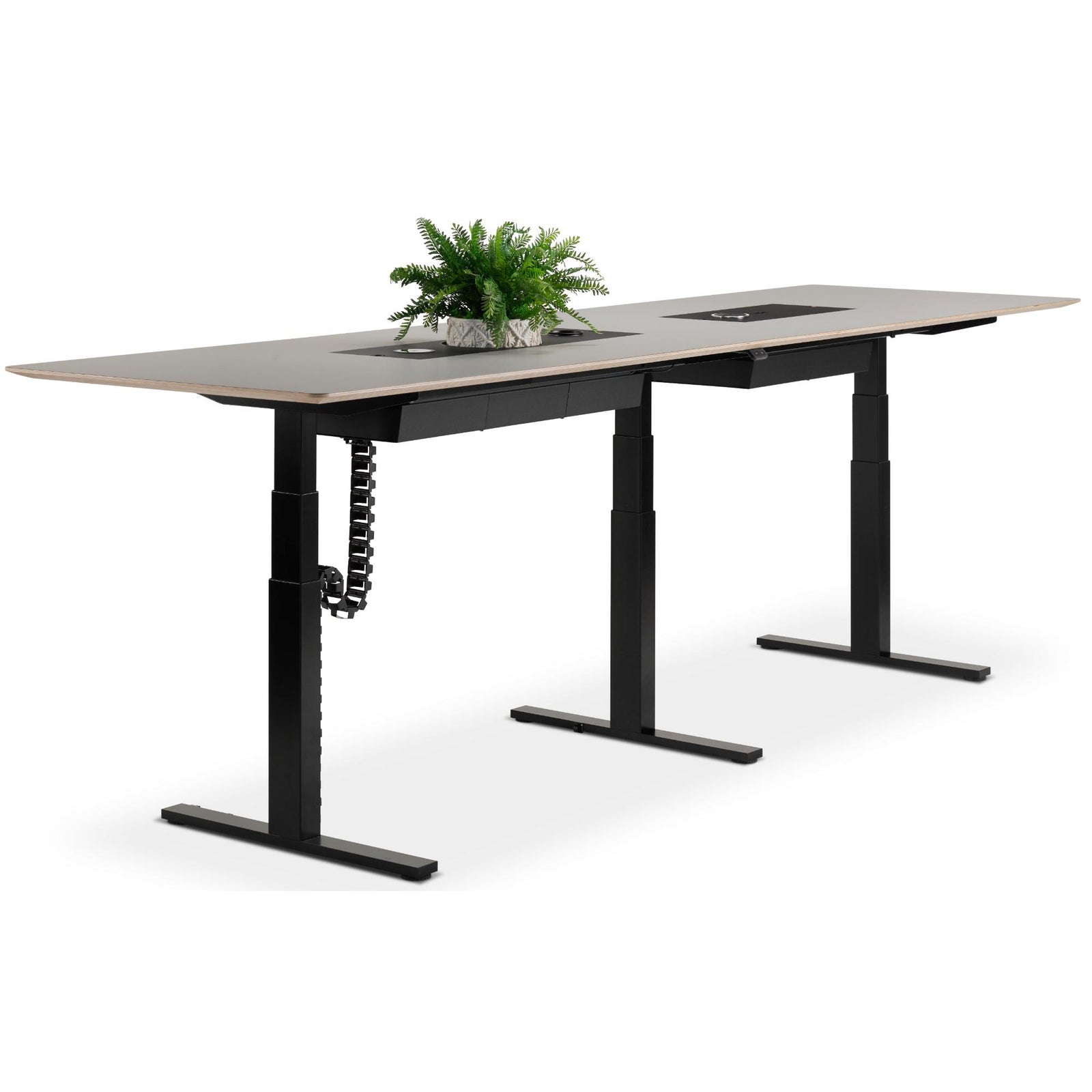 Height Adjustable Conference Room Table - Altura Luxe - Black Frame - Grey Table Top - Studio Image