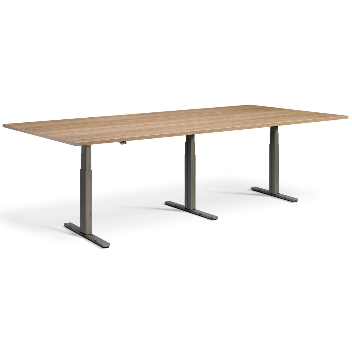 Height Adjustable Conference Table - Altura Luxe - Raw Steel Frame - Brown Oak Table Top - Studio Image