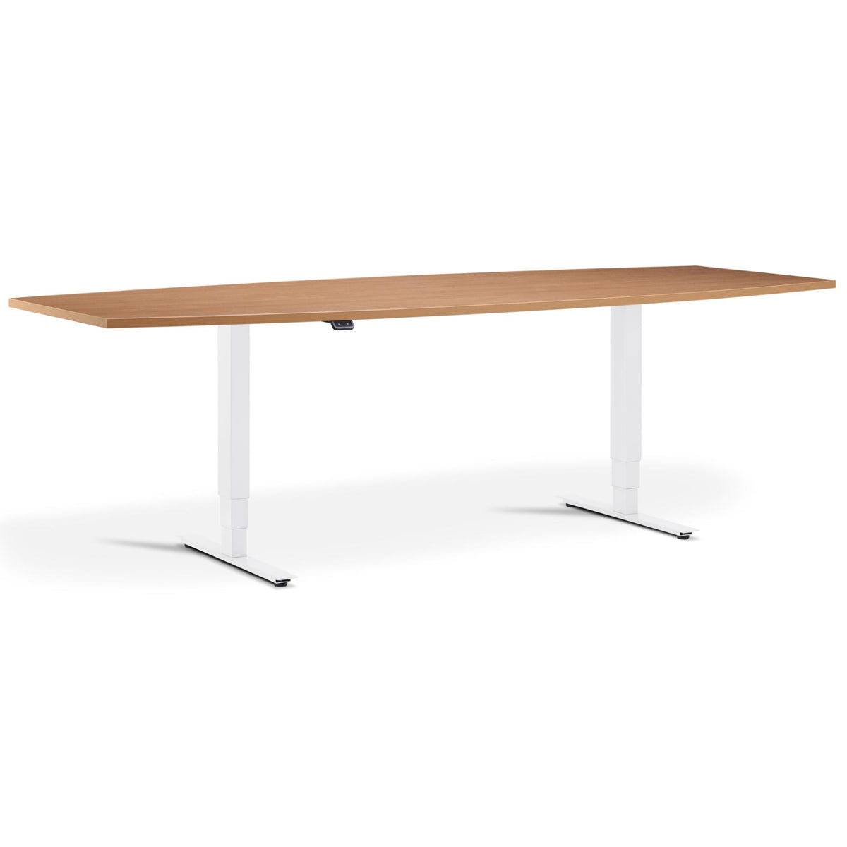 Height Adjustable Office Meeting Room Table - Altura Core Barrel End - White Frame - Beech Top - Studio Image