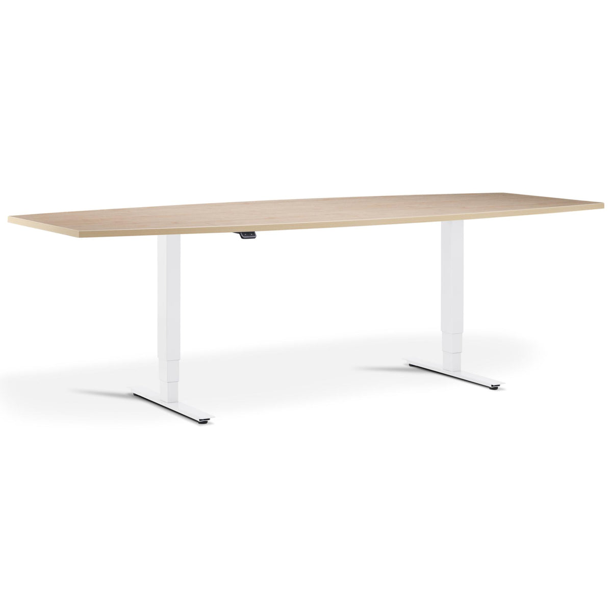 Height Adjustable Office Meeting Room Table - Altura Core Barrel End - White Frame - Maple Top - Studio Image