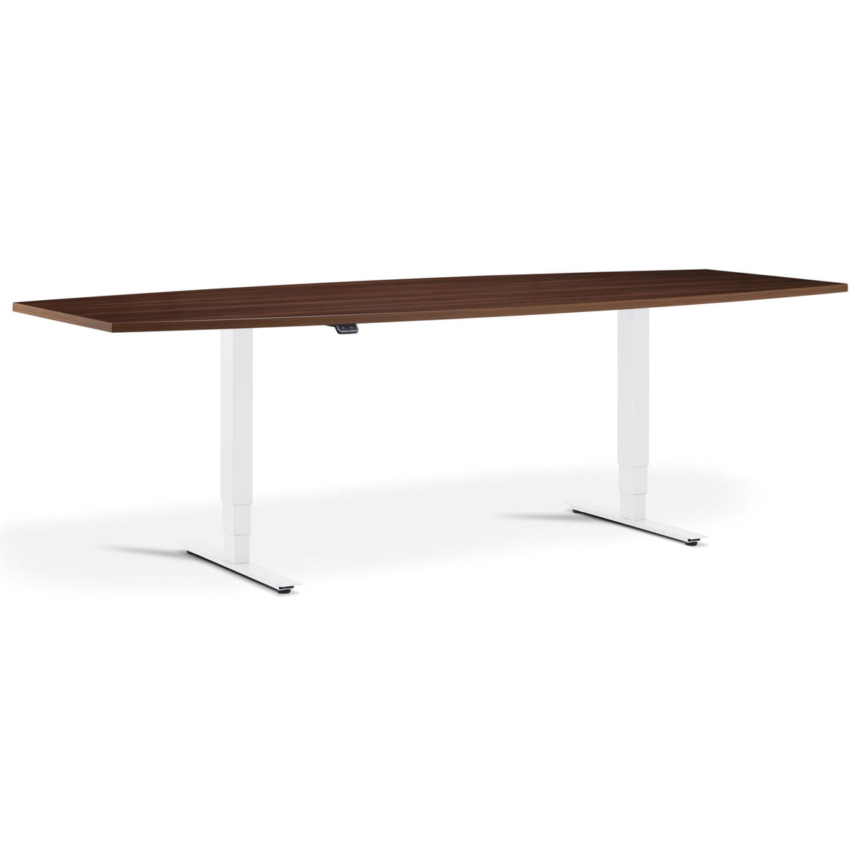 Height Adjustable Office Meeting Room Table - Altura Core Barrel End - White Frame - Natural Dijon Walnut Top - Studio Image